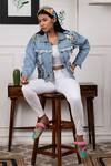 Rhe-Ana_Blue Denim Embroidery Thread And Bead Collared Neck Jacket  _Online_at_Aza_Fashions