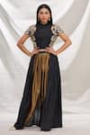Buy_Nidzign Couture_Black Crepe Embroidered Floral Motifs High Neck Top And Draped Pant Set_at_Aza_Fashions