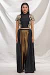 Nidzign Couture_Black Crepe Embroidered Floral Motifs High Neck Top And Draped Pant Set_Online_at_Aza_Fashions