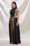 Buy_Nidzign Couture_Black Crepe Embroidered Floral Motifs High Neck Top And Draped Pant Set_Online_at_Aza_Fashions