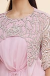 Nidzign Couture_Pink Georgette Embroidered Floral Motifs Round Front Tie Jumpsuit _at_Aza_Fashions