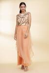 Buy_Nidzign Couture_Orange Organza Embroidered Leaf Motifs Round Embellished Top And Draped Pant Set _at_Aza_Fashions