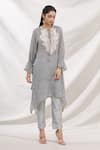 Buy_Bhairavi Jaikishan_Grey Mulmul Embroidered Resham Round Printed Asymmetric Kurta  _at_Aza_Fashions