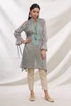 Buy_Bhairavi Jaikishan_Grey Mulmul Embroidered Resham Band Collar Asymmetric Kurta  _Online_at_Aza_Fashions