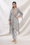 Buy_Bhairavi Jaikishan_Grey Mulmul Embroidered Resham Band Collar Printed Asymmetric Kurta  _at_Aza_Fashions