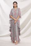 Buy_Bhairavi Jaikishan_Grey Mulmul Printed Floral Motifs V Neck Frill Kaftan  _Online_at_Aza_Fashions