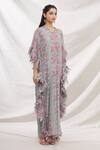 Bhairavi Jaikishan_Grey Mulmul Printed Floral Motifs V Neck Frill Kaftan  _Online_at_Aza_Fashions