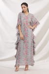 Buy_Bhairavi Jaikishan_Grey Mulmul Printed Floral Motifs V Neck Frill Kaftan  _at_Aza_Fashions