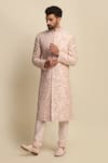Priyanka Jain_Pink Raw Silk Embroidered Floral Motifs Sherwani And Kurta Set_Online_at_Aza_Fashions
