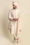 Buy_Priyanka Jain_Beige Raw Silk Embroidered Floral Motifs Sherwani And Kurta Set_at_Aza_Fashions