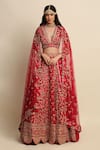 Buy_Priyanka Jain_Maroon Raw Silk, Net Floral Motifs, Zardozi Hand Embroidered Bridal Lehenga Set _at_Aza_Fashions