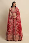 Buy_Priyanka Jain_Maroon Raw Silk, Net Floral Motifs, Zardozi Hand Embroidered Bridal Lehenga Set _Online_at_Aza_Fashions