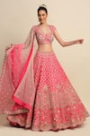 Buy_Priyanka Jain_Pink Raw Silk, Net Floral Motifs, Dabka Work, Embroidered Bridal Lehenga Set _at_Aza_Fashions