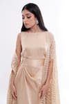 Komal Shah_Gold Dress Satin Cape Organza Striped Crew Neck Dohra Chand Draped And _Online_at_Aza_Fashions