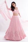 Buy_Komal Shah_Pink Lehenga Chanderi Blouse And Dupatta Organza Striped Plunge V Hoor Set_at_Aza_Fashions