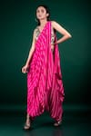 Buy_Nupur Kanoi_Pink Crepe Printed Bandhani V Neck Pre-draped Cowl Saree With Blouse  _at_Aza_Fashions