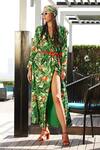 Buy_Esha L Amin_Green Crepe Leaf Motifs V Neck Printed Blazer Dress_at_Aza_Fashions