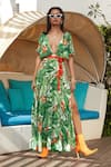 Buy_Esha L Amin_Green Crepe Printed Leaf Motifs V Neck Maxi Dress _at_Aza_Fashions