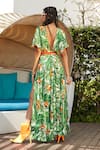 Shop_Esha L Amin_Green Crepe Printed Leaf Motifs V Neck Maxi Dress _at_Aza_Fashions