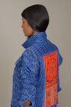 Shop_Payal Jain_Blue Denim Woven Ikat Shirt Collar Bikers Patchwork Jacket_at_Aza_Fashions