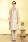 Adara Khan_Beige Kurta And Pant Banglori Silk Dupatta Chiffon Set With Bandhani Print_Online_at_Aza_Fashions