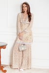 Buy_Sakshi Girri_Beige Crepe Printed Floral Motifs V Neck Kurta And Sharara Set _at_Aza_Fashions