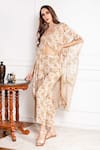 Buy_Sakshi Girri_Brown Crepe Printed Floral Motifs V Neck Kaftan And Pant Set  _at_Aza_Fashions