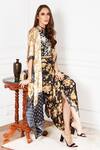 SAKSHI GIRRI_Beige Satin Floral Motifs V Neck Printed Kaftan And Skirt Set_Online_at_Aza_Fashions