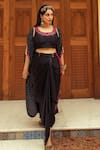 Buy_Pink City by Sarika_Black Silk Tie And Dye Bandhej Blouse Round Draped Skirt Set With Cape _at_Aza_Fashions