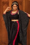 Pink City by Sarika_Black Silk Tie And Dye Bandhej Blouse Round Draped Skirt Set With Cape _Online_at_Aza_Fashions