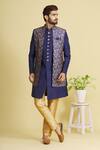 Buy_Arihant Rai Sinha_Blue Art Banarasi Silk Floral Print Bandhgala Set_Online_at_Aza_Fashions