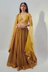 Buy_Drishti & Zahabia_Yellow Dupion Silk And Net Floral & Sequin Work V Neck Lehenga Set _at_Aza_Fashions