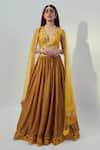 Buy_Drishti & Zahabia_Yellow Dupion Silk And Net Floral & Sequin Work V Neck Lehenga Set _Online_at_Aza_Fashions