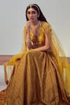 Shop_Drishti & Zahabia_Yellow Dupion Silk And Net Floral & Sequin Work V Neck Lehenga Set _Online_at_Aza_Fashions