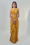 Buy_Drishti & Zahabia_Yellow Dupion Silk Floral Round Pre-draped Saree With Blouse_at_Aza_Fashions