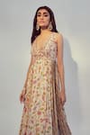 Buy_Drishti & Zahabia_White Dupion Silk Floral V Neck Gown_Online_at_Aza_Fashions