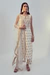 Buy_Drishti & Zahabia_White Dupion Silk And Net Floral Notched Kurta Pant Set _at_Aza_Fashions