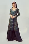 Shop_Drishti & Zahabia_Blue Dupion Silk And Net Floral V Neck Kurta Palazzo Set _at_Aza_Fashions