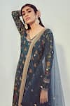 Buy_Drishti & Zahabia_Blue Dupion Silk And Net Floral V Neck Kurta Palazzo Set _Online_at_Aza_Fashions