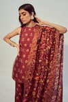 Buy_Drishti & Zahabia_Maroon Dupion Silk Floral High Kurta And Pant Set _Online_at_Aza_Fashions