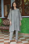 Buy_Begum_Grey Kurta Chanderi Embroidered Floral Motifs Round Kira And Pant Set  _at_Aza_Fashions