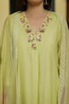 Shop_Begum_Green Kurta And Dupatta Chanderi Applique Floral Motifs V Neck Fiza Work Set _Online_at_Aza_Fashions