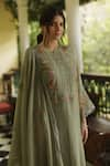 Begum_Green Kurta Chanderi Applique Floral Motifs Iris Embroidered Set  _Online_at_Aza_Fashions