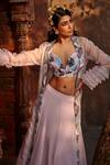 Buy_Shweta Aggarwal_Pink Upada Silk Embroidery Thread Sweetheart Neck Cape And Lehenga Set _Online_at_Aza_Fashions
