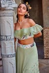 Buy_Shweta Aggarwal_Green Cotton Satin Embroidery Thread One Shoulder Off Top And Draped Skirt_Online_at_Aza_Fashions