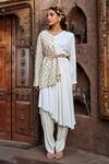 Buy_Shweta Aggarwal_White Upada Silk And Cotton Satin Applique V Neck Asymmetric Tunic & Pant Set _at_Aza_Fashions