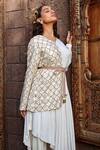 Shweta Aggarwal_White Upada Silk And Cotton Satin Applique V Neck Asymmetric Tunic & Pant Set _Online_at_Aza_Fashions