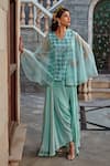 Shop_Shweta Aggarwal_Blue Organza, Natural Crepe And Upada Silk Embroidered Tunic & Low Crotch Pant Set _at_Aza_Fashions