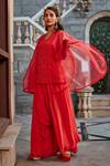 Buy_Shweta Aggarwal_Red Organza, Crepe And Upada Silk Thread & Embroidered Tunic & Low Crotch Pant Set _at_Aza_Fashions