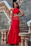 Buy_Shweta Aggarwal_Red Georgette Embroidery Thread And Cutdana One Shoulder Crop Top & Skirt Set _at_Aza_Fashions